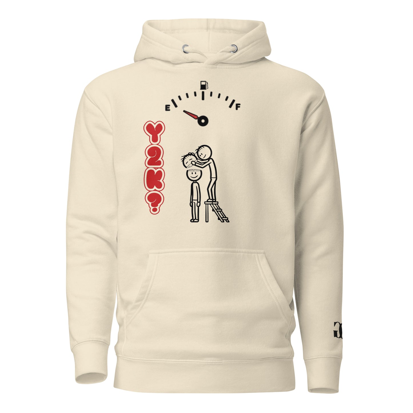 Beige hoodie with graphic design on a white background