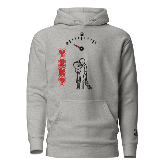 Cotton Heritage Y2K gray graphic hoodie with cartoon fuel gauge design, unisex sweatshirt